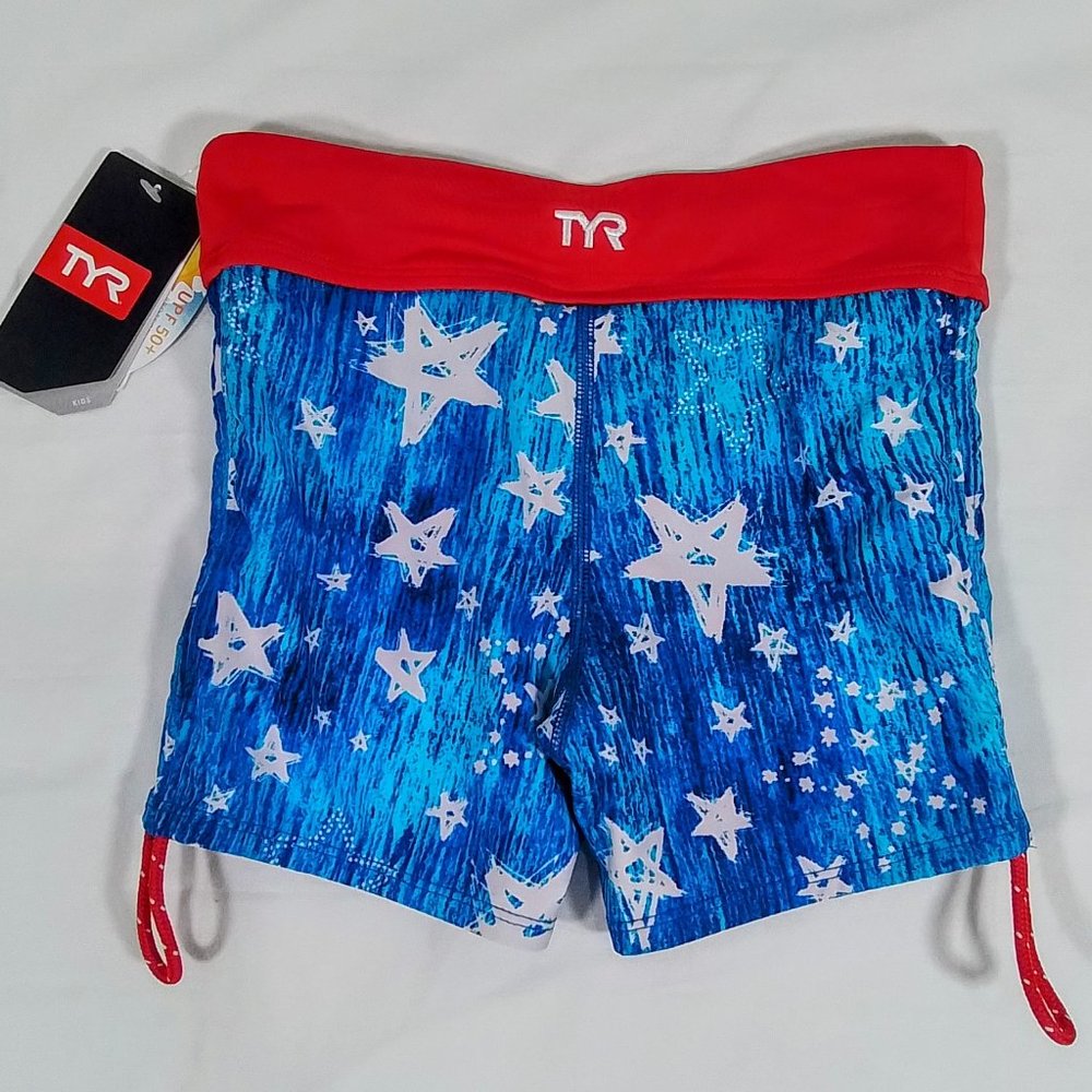 TYR Girls' Twinkle Della Boy Swim Shorts-Navy/White-Size Medium-New with Tags